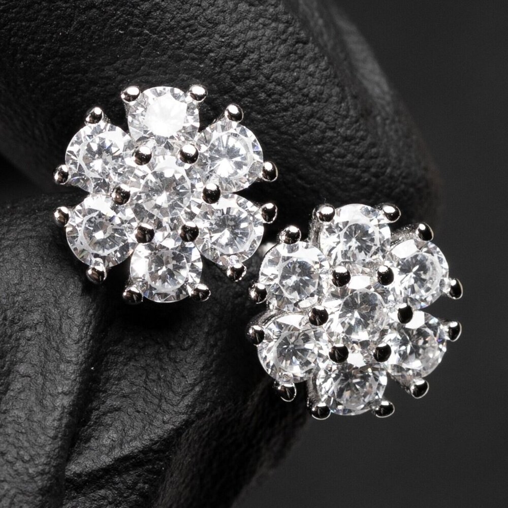 White Plated 925 Sterling Silver Round Flower Set Iced Cz Cluster Stud Earrings